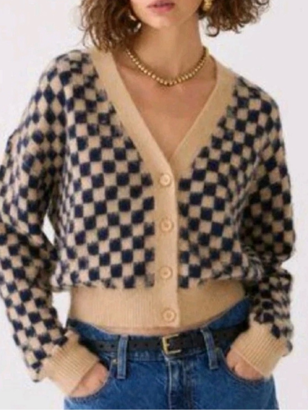 J.Crew Checkered V-neck Cardigan Sweater in Brushed Yarn